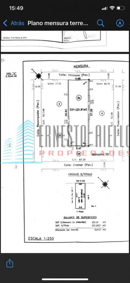 A. VENTA Inmejorable Lote Ubicado en Bernal